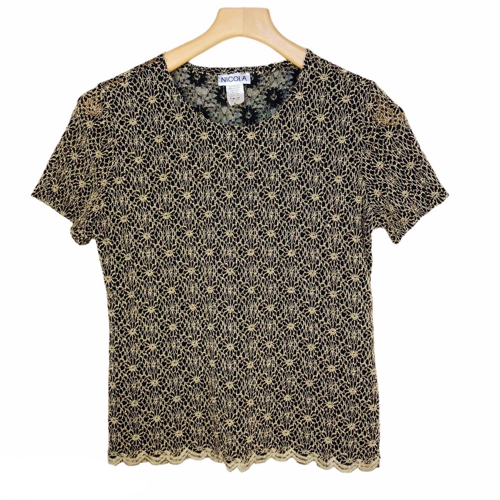 Nicola Vintage Y2K Black Gold Floral Lace Top Size Medium